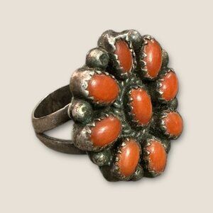Native American Coral Cluster Ring Sterling Silver Size 5.5 Vintage Boho Jewelry
